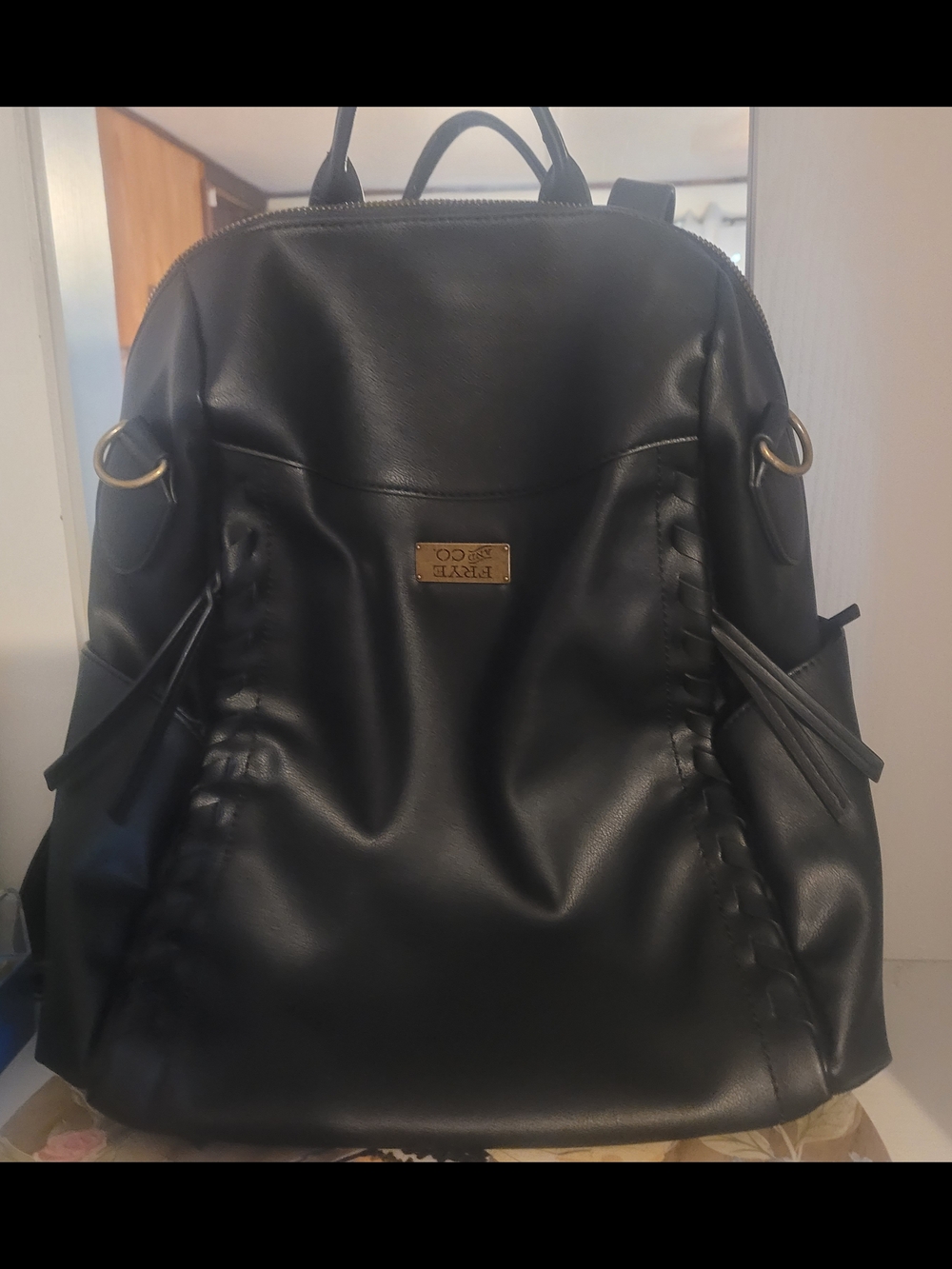 Black Faux Leather Women's  Backpack with Silver Accent